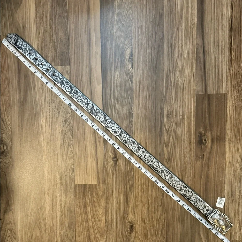 Justin Leather Belt Swarovski Crystals Silver Tooled Removable Buckle 34 NWT